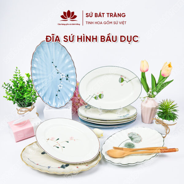 Đĩa sứ hình bầu dục nhiều họa tiết - Sứ Bát Tràng