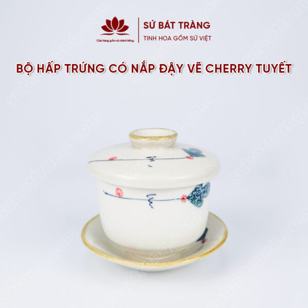 Porcelain Bat Trang egg steamer with lid - Snowwhite enamel with cherry painted