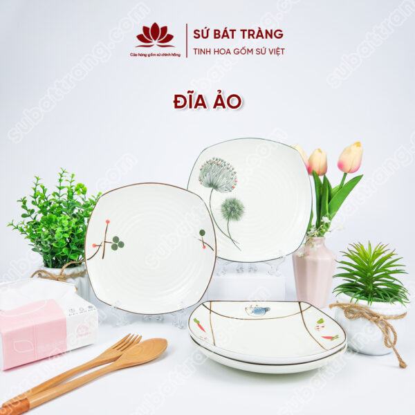 Porcelain Bat Trang Plates - Rounded square plate - Many type of decorations to choose