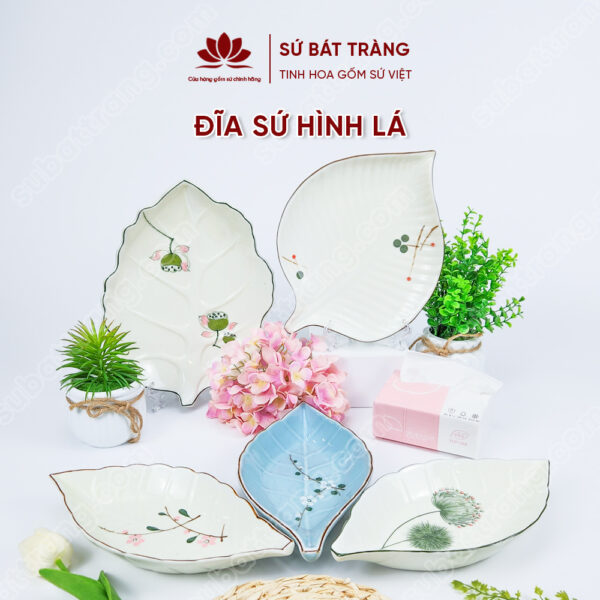 Porcelain Bat Trang Plates - Leaf shaped plate - Many type of decorations to choose
