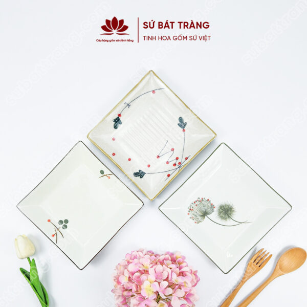 Đĩa sứ hình vuông nhiều họa tiết - Sứ Bát Tràng